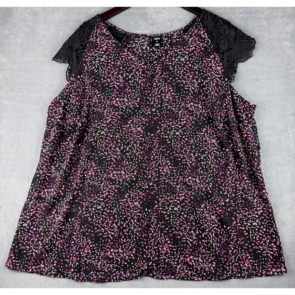 City Streets Top Sz 2X Black and Print Red Orange Lace Cap Sleeve V-Neck